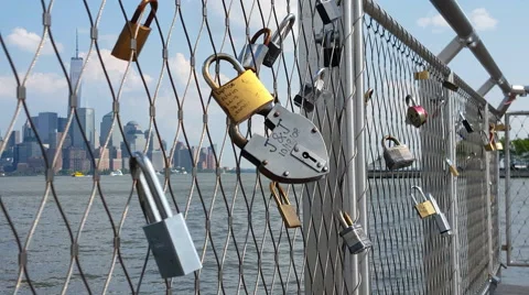 View of Padlocks and Manhattan Background 4K Stock Footage 51322829