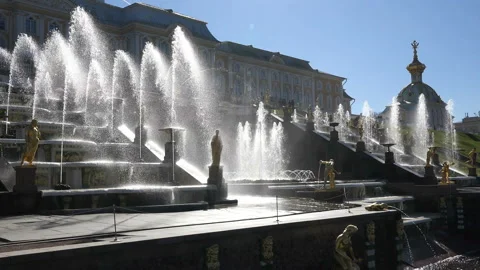 View of the palace against the background of a large fountain with golden Stock Footage 94395106