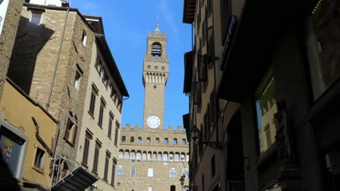 View of the Palazzo Vecchio and clock tower on Signoria square in Florence Italy Stock Footage 160438416