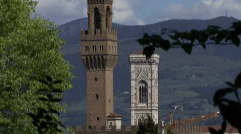 View of Palazzo Vecchio and Giotto's bell tower in Florence Stock Footage 32351400