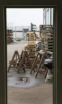 View of pallets through the door. Stock Photos