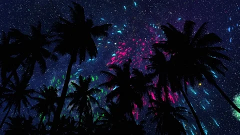 View on Palm 5 and Night Sky with Fireworks 動画素材 201513946