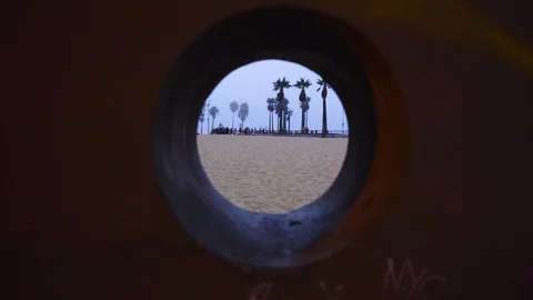 View of palm trees and skatepark on the beach through a porthole Stock Footage 99157873