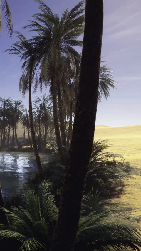View of palm trees by a water body near sandy hills in the early morning light Stock Footage 339944498