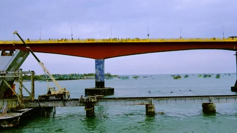 View of Pamban bridge and Train is passing through an iconic sea bridge  in Stock Footage 340905961