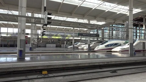 View of pan right Madrid empty platform in central station modern train railways Stock Footage 81977728
