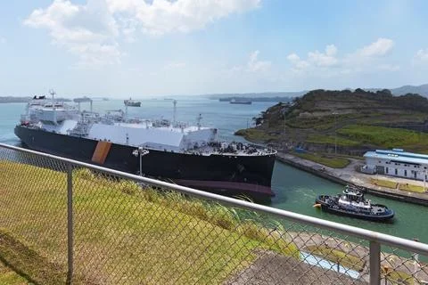View of Panama Canal. Passage of a ship through the Panama Canal. Stock Photos