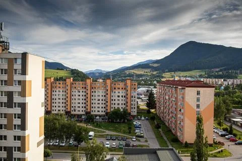 View of the panel buildings and hilly landscape in background. Stock-Fotos