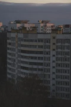 View of the panel house from the high in the evening. Minsk from a height Stock Photos