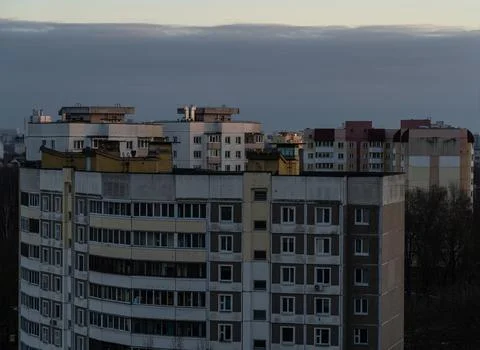 View of the panel house from the high in the evening. Minsk from a height Stock Photos