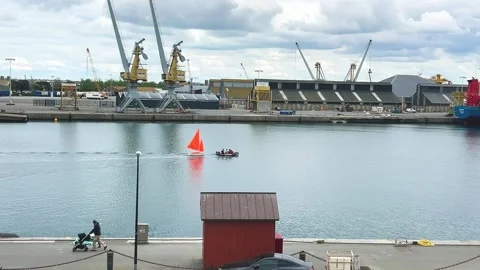 View from the panoramic outer wall of the old town on a small boat. Video stock 311958028
