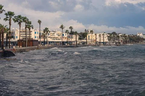 A view of the Paphos seafront with its palm-lined promenade Stock Photos