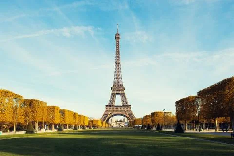 View on Paris and Eiffel tower with Blue sky with clouds in autumn at Paris,  Stock Photos