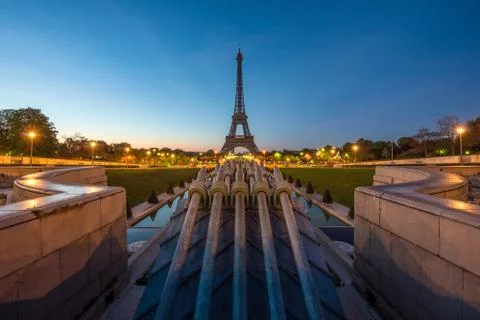 View of Paris and Eiffel tower before sunrise in Paris, France. Stock Photos