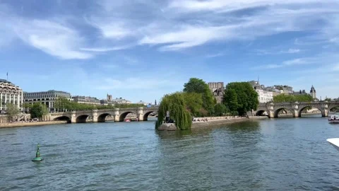 View of Paris from the ship from the River Seine to the numerous bridges of Stock Footage 184811377