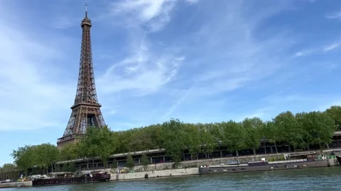 View of Paris from the ship from the River Seine to the numerous bridges of Stock Footage 184811620