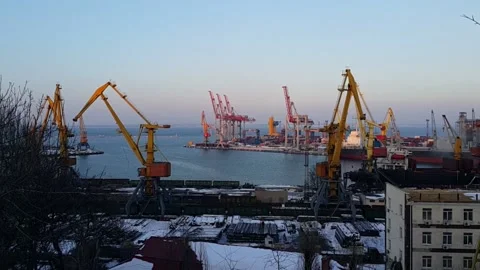View from park to port in winter. Stock Footage 145081316