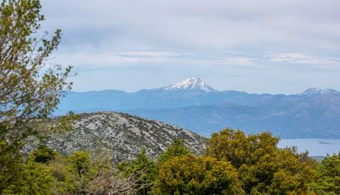 View from the Parnitha mountain at the Euboea island.Panoramic photo. Stock Photos