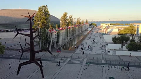 View of the Parque das Nacoes, the Meo Arena and the Tagus river in Lisbon Vídeos de archivo 344158622