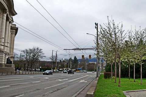View of part of a large intersection in front of Sofia University Stock Photos