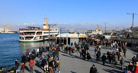 A view of passenger ferry near the pier, Most popular district Eminonu Stock Footage 104112007