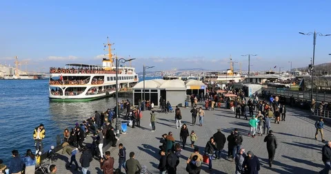 A view of passenger ferry near the pier, Most popular district Eminonu Stock Footage 104112607