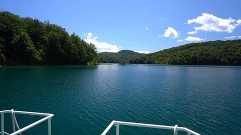 View from the passenger ship during the crossing of the lake in Plitvice Stock Footage 86334753