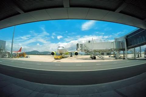View of passengers from inside the building of Da Nang Airport Stock Photos