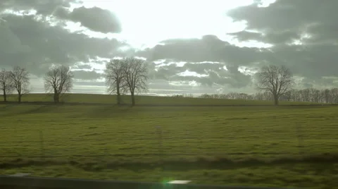 View from passing by car. Green fields and bare trees. Vídeo Stock 68024875