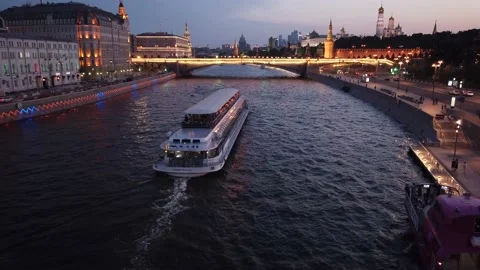 View of a passing ship in Moscow at night 2 Stock Footage 156741747