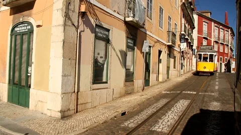View from passing tram 28 in Lisbon, Portugal Stock Footage 92940920