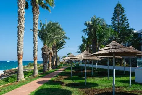 View of the path along the seashoree in resort. Protaras, Cyprus. Palm trees Stock Photos
