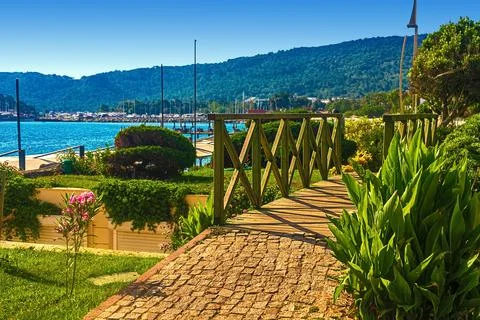 View of the path and the bridge in a green garden with green trees along the Stock Photos