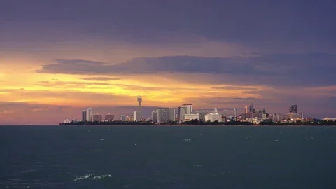 View of Pattaya from a boat at sunset 스톡 동영상 79479248