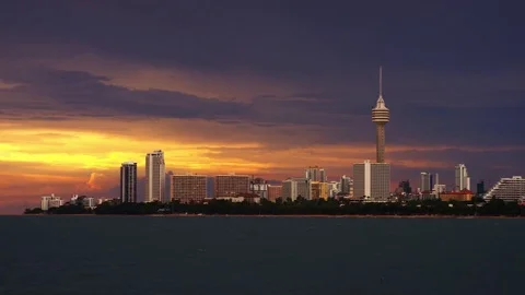 View of Pattaya from a boat at sunset 스톡 동영상 79480067