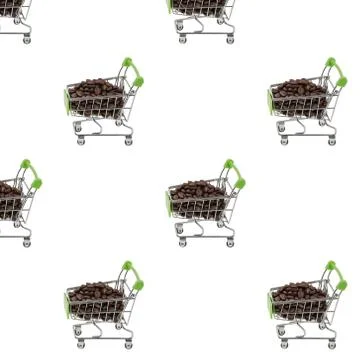View of  pattern shopping cart filled with coffee beans on white background. Stock Photos