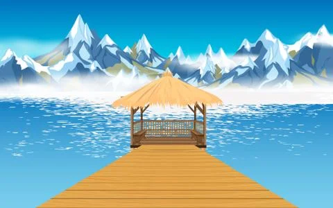 View of pavilion on the river in the winter Stock Illustration
