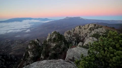 View from the peak of mountain cliff with conifer trees at dawn with pink sky Stock Footage 170021031