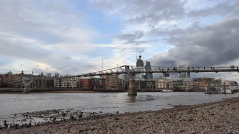 A View of the pedestrian bridge and riverside. London. Stock Footage 95866399