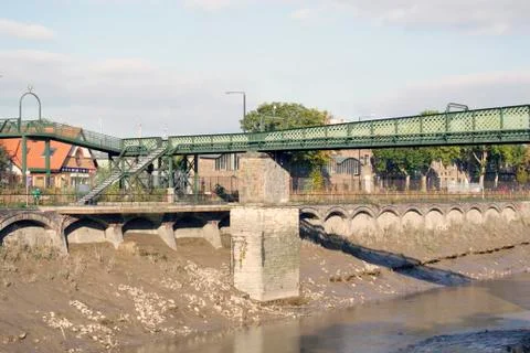 View of pedestrian bridge over river. Stock Photos