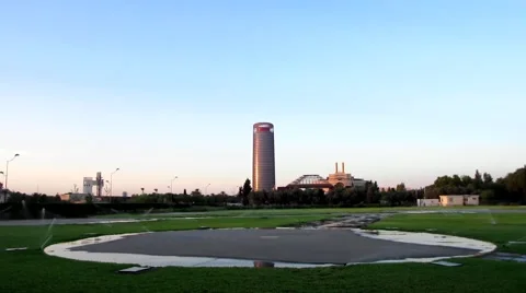 View Pelli Tower and Torretriana from the heliport of Seville in Spain, with Stock Footage 53848576