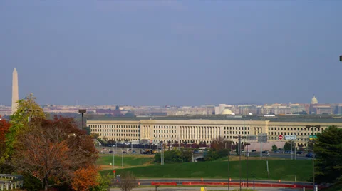 VIEW ON PENTAGON AND MONUMENT, WASHINGTON DC Stock Footage 33308593