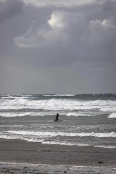 View of people doing surf during a windy day on the beach along the coast in  Stock Photos