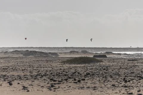 View of people doing windsurf in El Cotillo, Fuerteventura, Canary Islands, S Stock Photos
