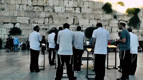 View of people praying front the wailing wall in Jerusalem Stock Footage 91197733