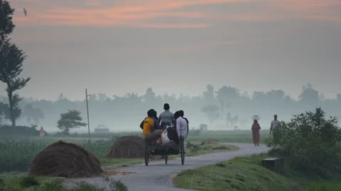 View of people riding a van on a rural road at dawn, Bangladesh. Stock-Footage 334959596