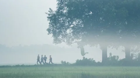 View of people running through a misty field in Bogura, Bangladesh. Vídeo Stock 335551458
