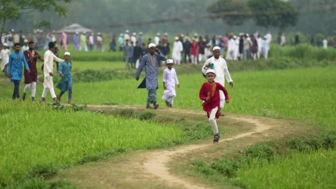 View of people walking through green fields in Bogura, Bangladesh. Video stock 334991151