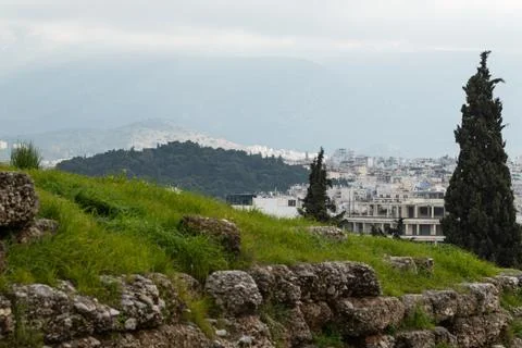 View from the Periptos road which runs along the slopes of the Acropolis of A Stock Photos
