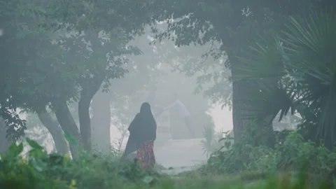 View of a person walking through dense fog in Bogura, Bangladesh. Vídeos de archivo 335587360